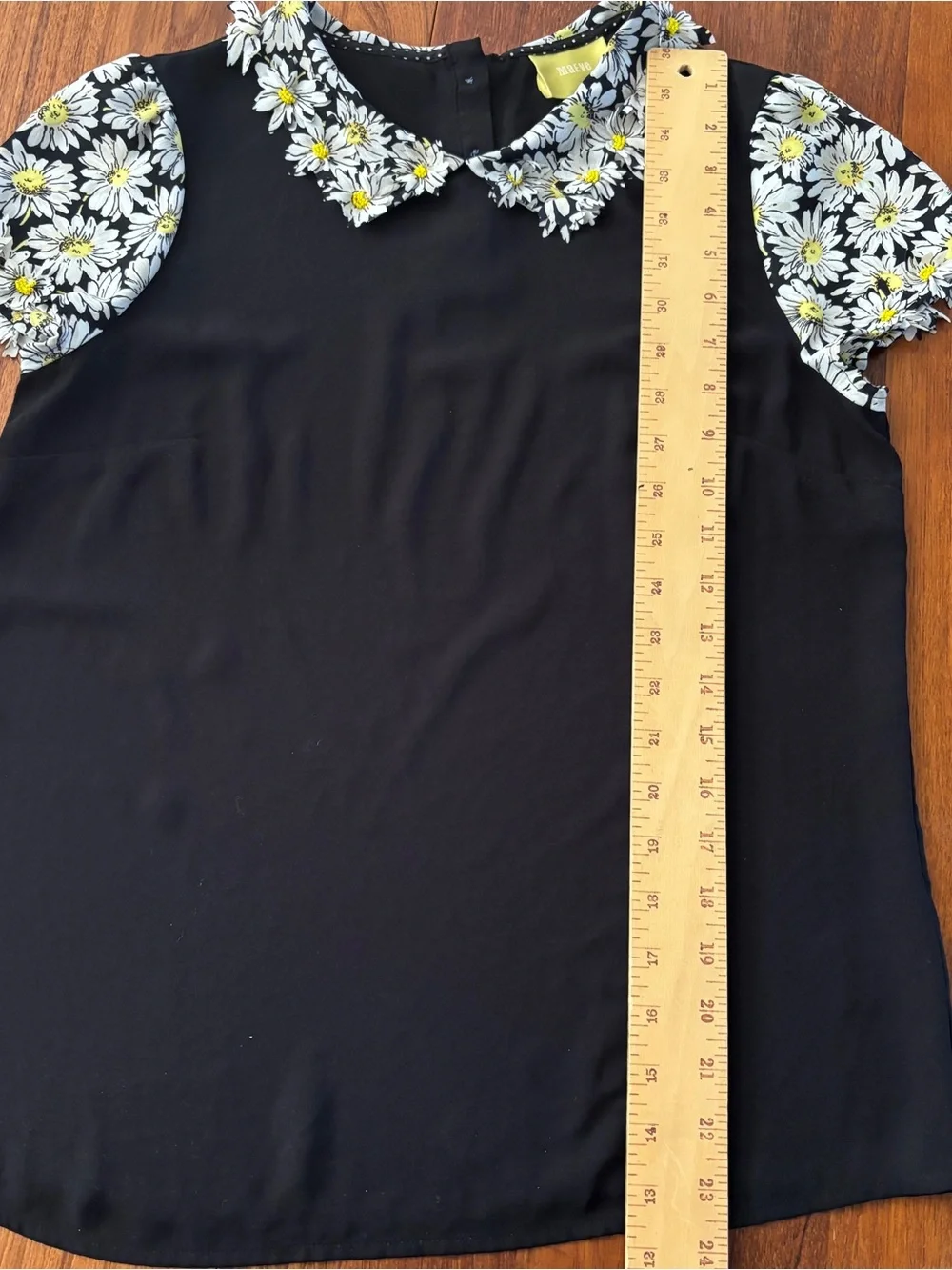 Anthropologie Black Blouse with White & Yellow Daisy Collar